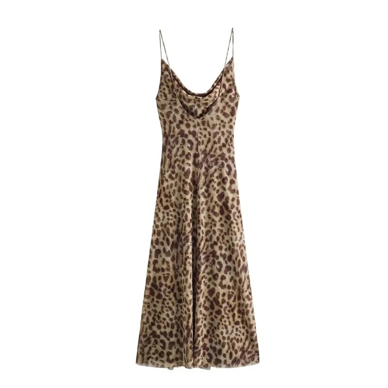 TRAF imprimé léopard Tulle robe à bretelles femme dos nu été robes longues pour les femmes Vintage Sexy robes de soirée Midi robe de vacances