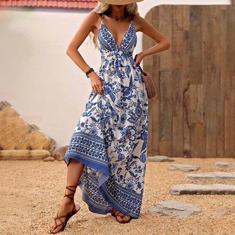 Robe à bretelles hawaïennes pour femmes, col en v avancé, respirante, mode été, manches courtes, Sexy, style coréen, élégance hipster
