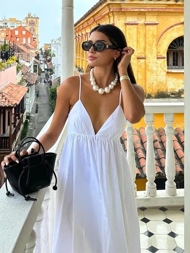 ZBZA Women's Backless Midi Dress Waistband Sleeveless V Neck solid color pullover High waistted loose fitting beach Camisole A-line skirt Summer New Female Chic dress