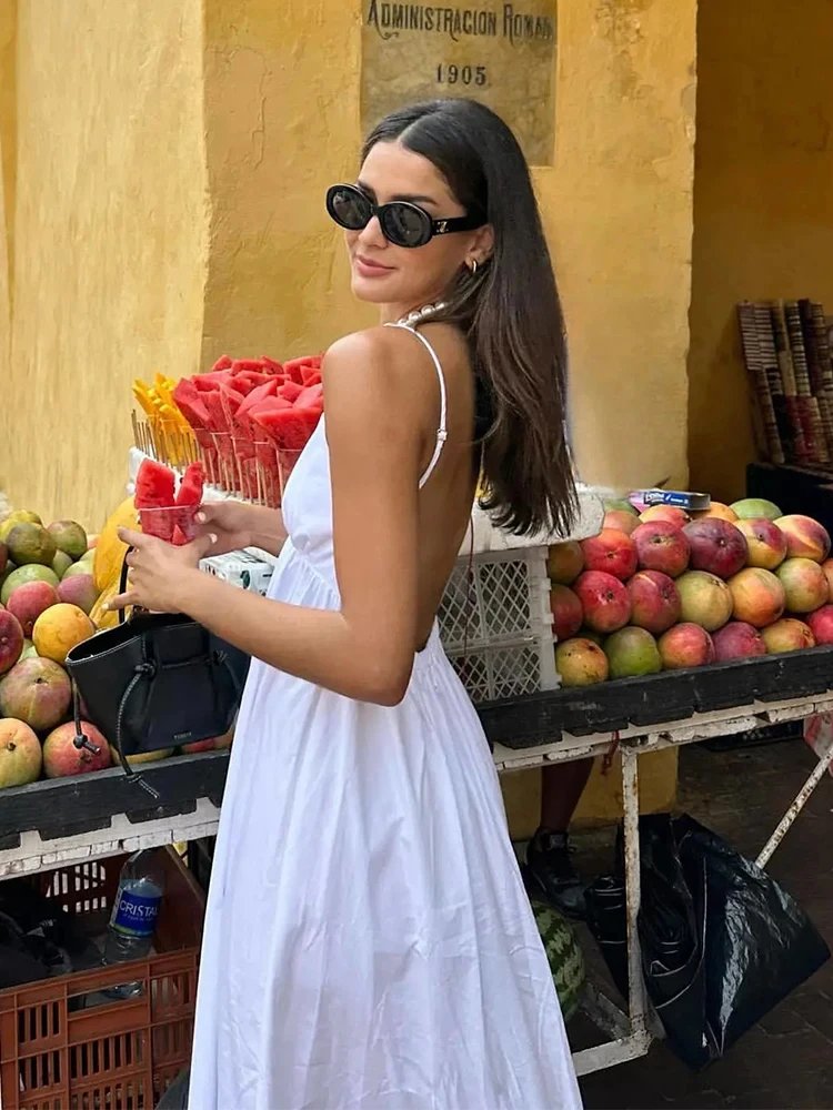 ZBZA Women's Backless Midi Dress Waistband Sleeveless V Neck solid color pullover High waistted loose fitting beach Camisole A-line skirt Summer New Female Chic dress