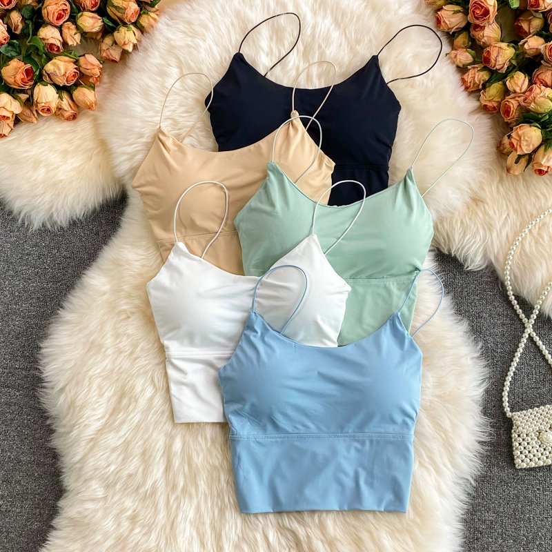 Femmes Récolte Hauts Sexy Couleur Unie Camisole Glace Soie Tube Top Sans Couture Sport Débardeur Sous-Vêtements Sans Fil Soutien-Gorge Rembourré Bralette Gilet