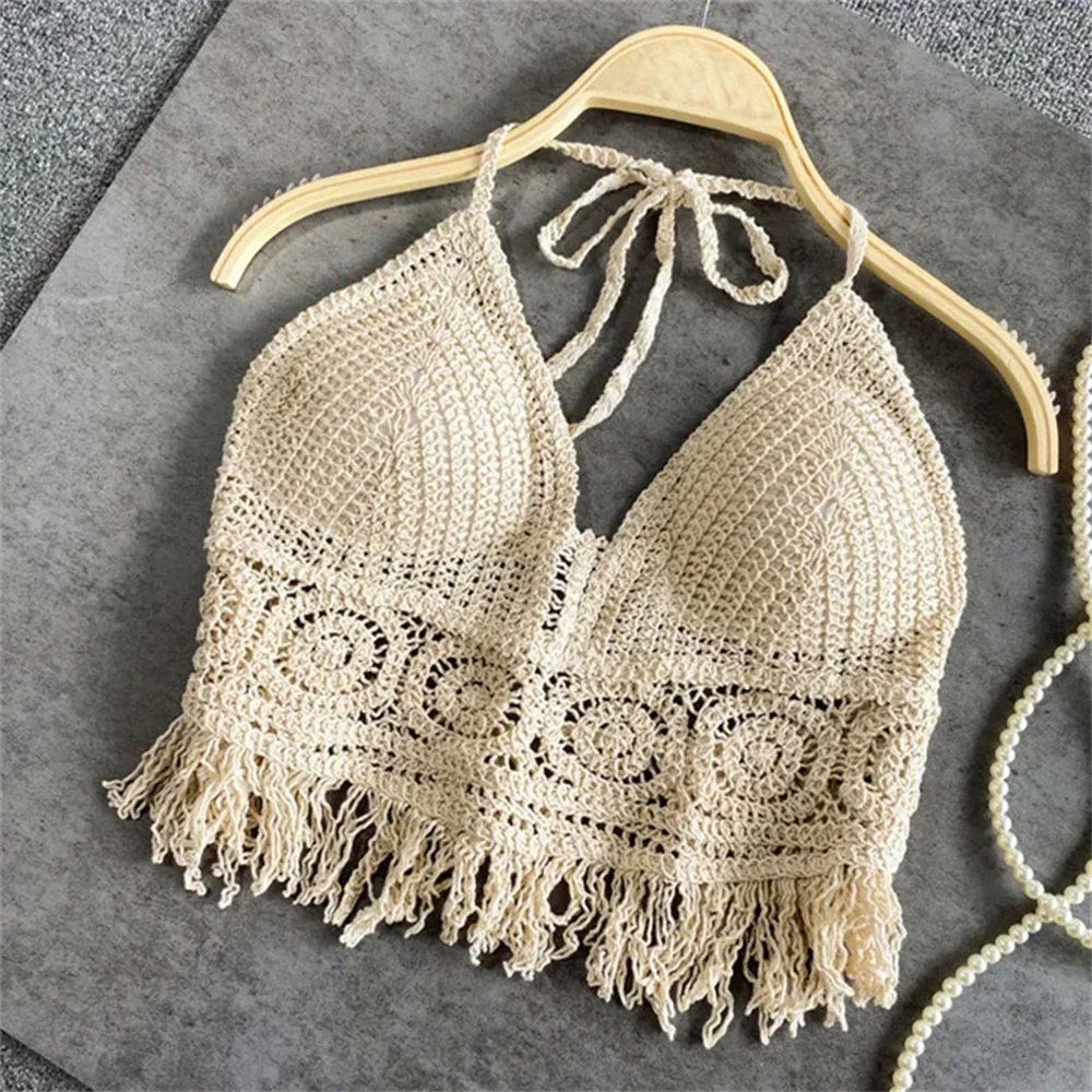 Femmes été plage Boho culture hauts Sexy Y2K tricoté dos nu évider débardeurs Crochet glands ourlet licou soutiens-gorge haut bustier