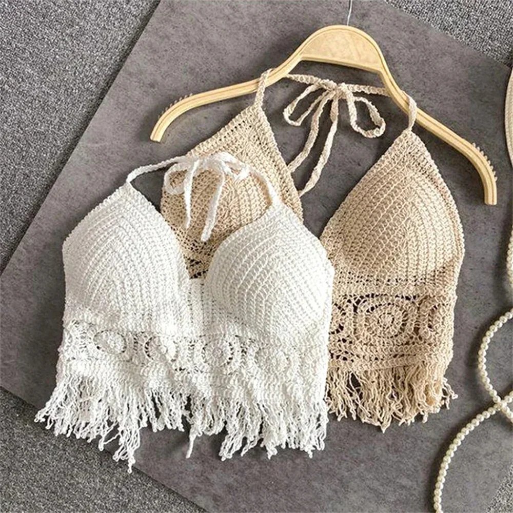 Femmes été plage Boho culture hauts Sexy Y2K tricoté dos nu évider débardeurs Crochet glands ourlet licou soutiens-gorge haut bustier