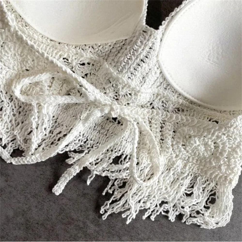 Femmes été plage Boho culture hauts Sexy Y2K tricoté dos nu évider débardeurs Crochet glands ourlet licou soutiens-gorge haut bustier
