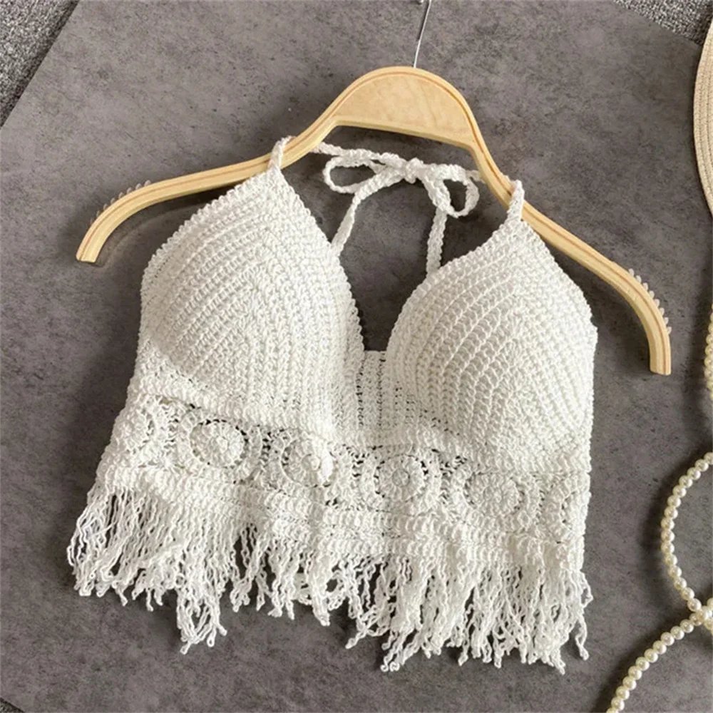 Femmes été plage Boho culture hauts Sexy Y2K tricoté dos nu évider débardeurs Crochet glands ourlet licou soutiens-gorge haut bustier