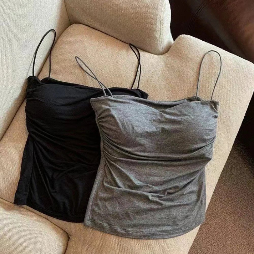 Camisoles d'été débardeurs femmes avec soutien-gorge intégré Spaghetti sangle réservoirs gilet sans manches t-shirts haut court couleur unie haut décontracté Camisoles d'été débardeurs femmes avec soutien-gorge intégré Spaghetti sangle réservoirs gilet sans manches t-shirts haut court couleur unie haut décontracté