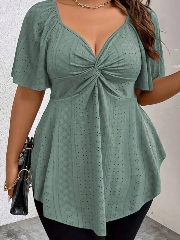 Grande taille élégant été t-shirt pour les femmes décontracté bureau dame solide courbe vêtements ample col en V hauts – Image 5