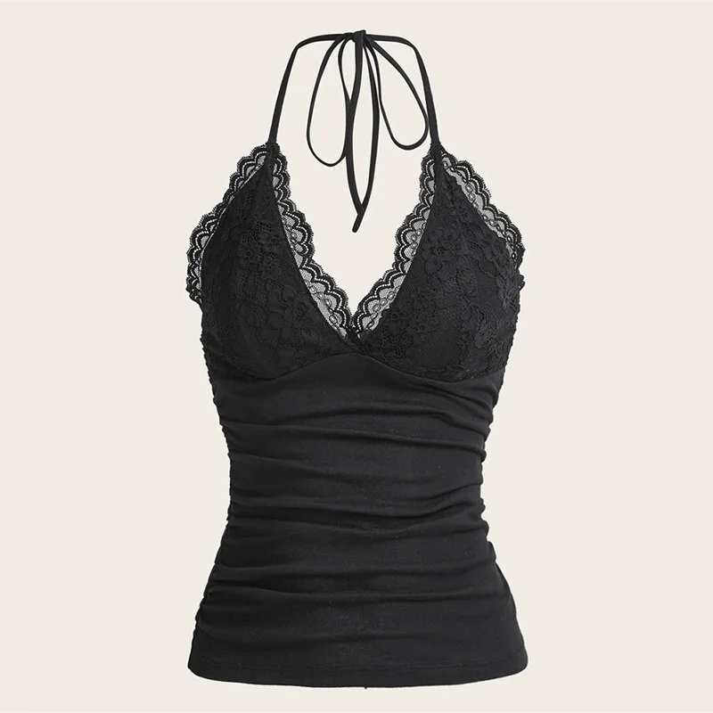 Goth Grunge Punk noir dentelle Patchwork haut à licou femmes été solide froncé dos nu sans manches débardeur Streetwear Y2K vêtements