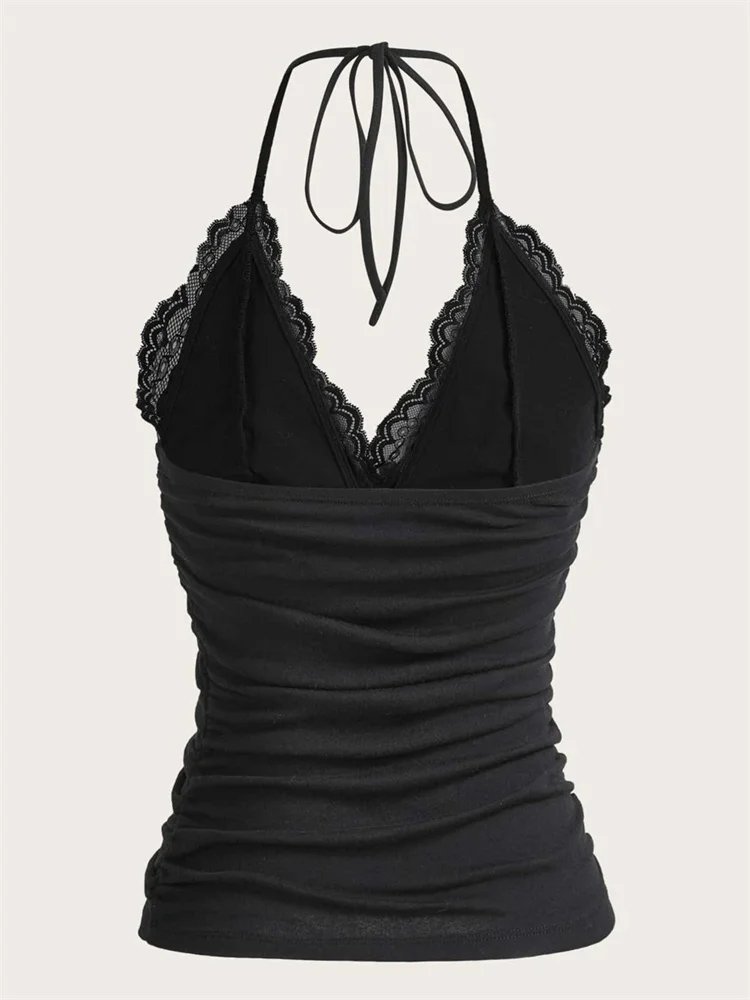 Goth Grunge Punk noir dentelle Patchwork haut à licou femmes été solide froncé dos nu sans manches débardeur Streetwear Y2K vêtements