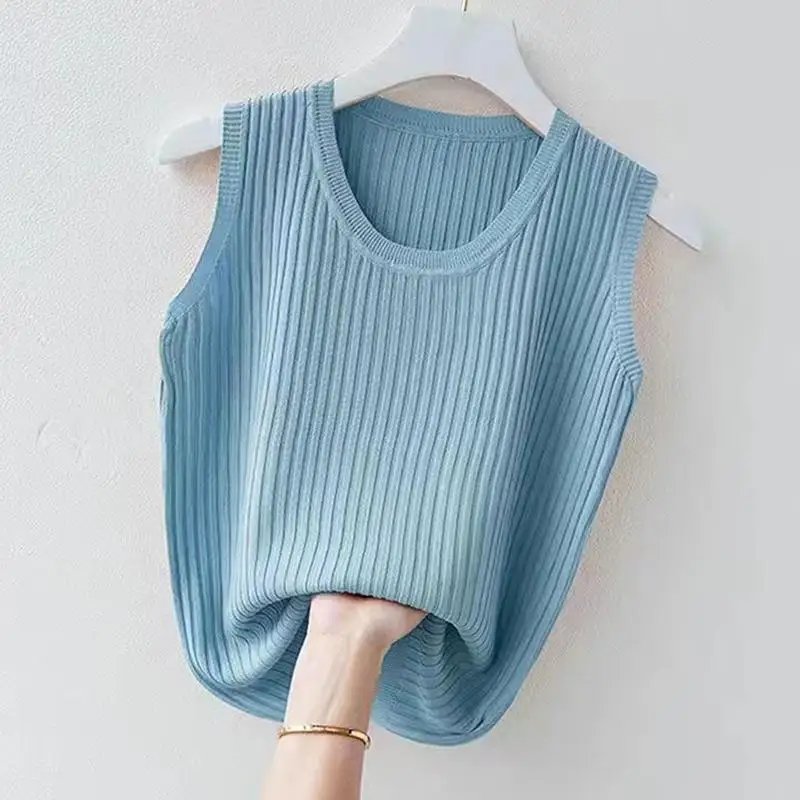 WTEMPO femmes confortable couleur unie Camisole Laides été fond blanc court tricoté haut sans manches