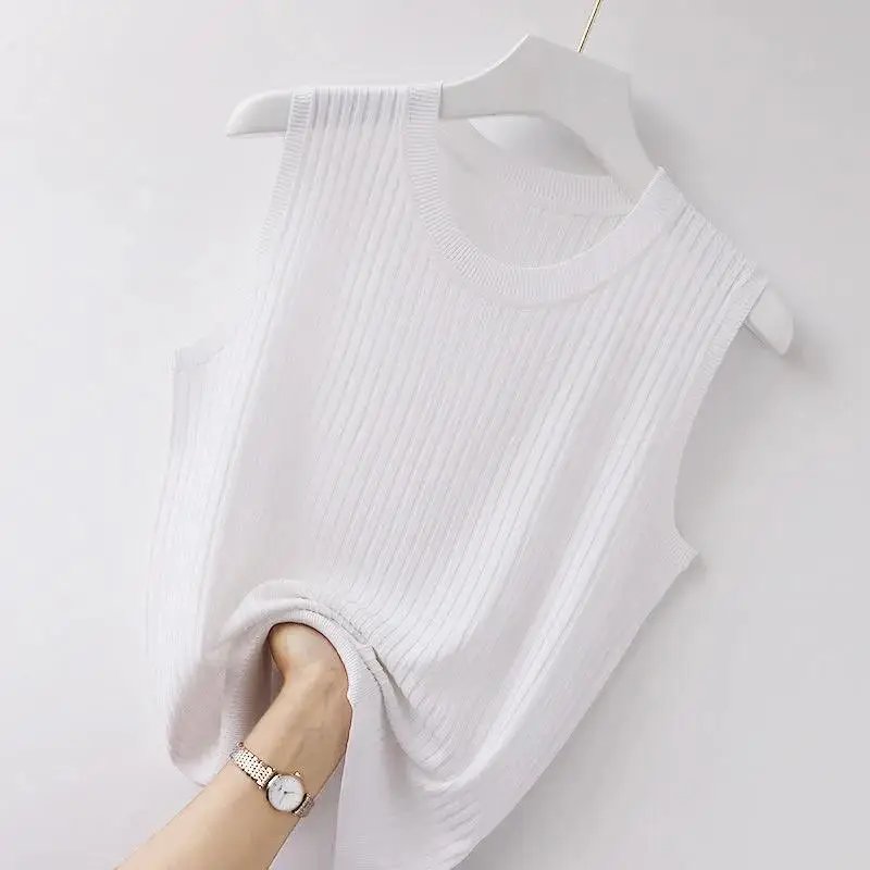 WTEMPO femmes confortable couleur unie Camisole Laides été fond blanc court tricoté haut sans manches