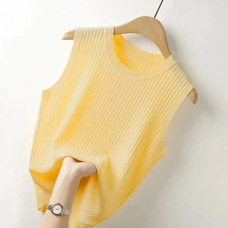 WTEMPO femmes confortable couleur unie Camisole Laides été fond blanc court tricoté haut sans manches