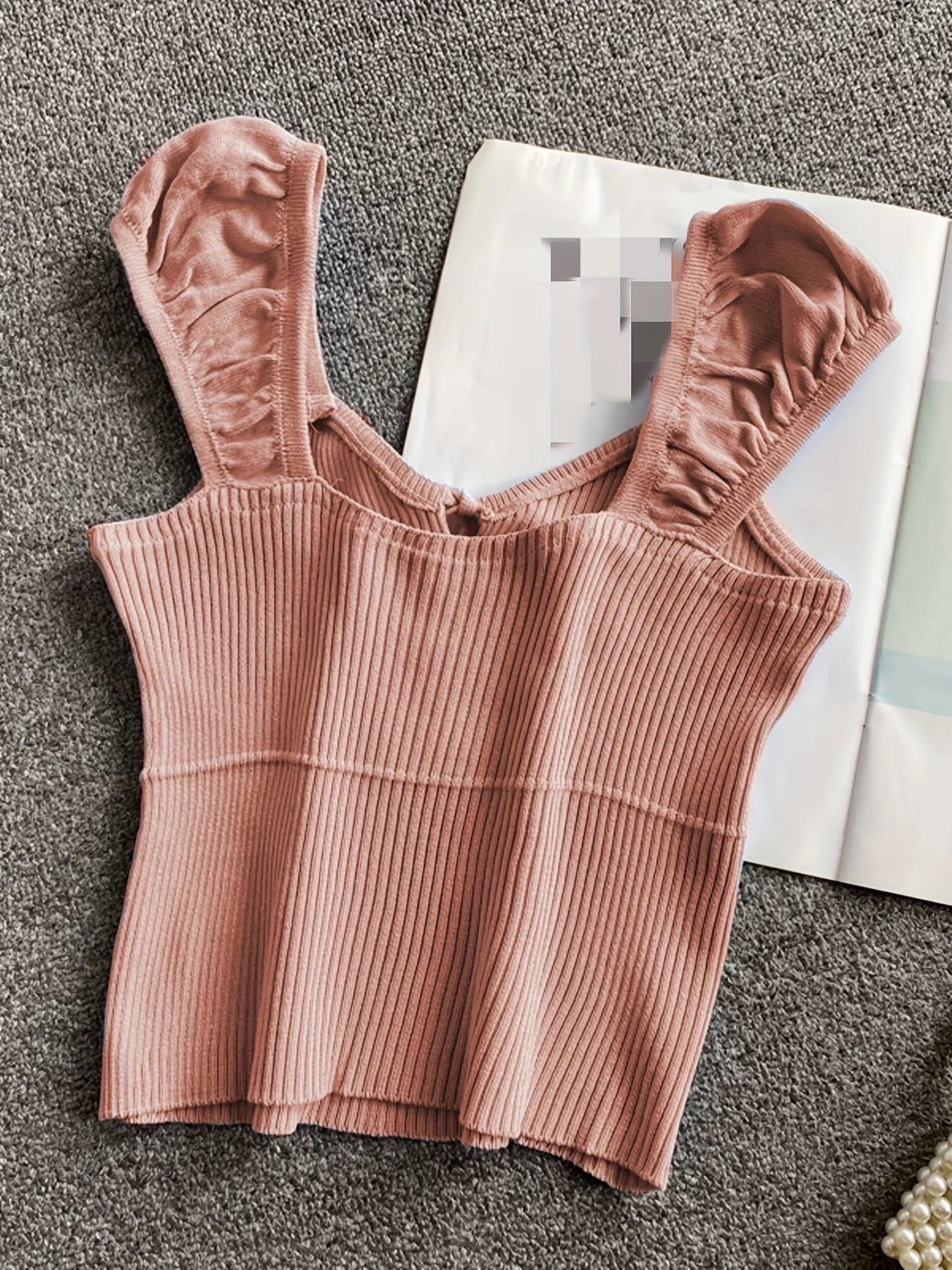 Débardeur côtelé noué de couleur unie, débardeur décontracté à col rond pour printemps et été, vêtements pour femmes, haut court en tricot, 2024