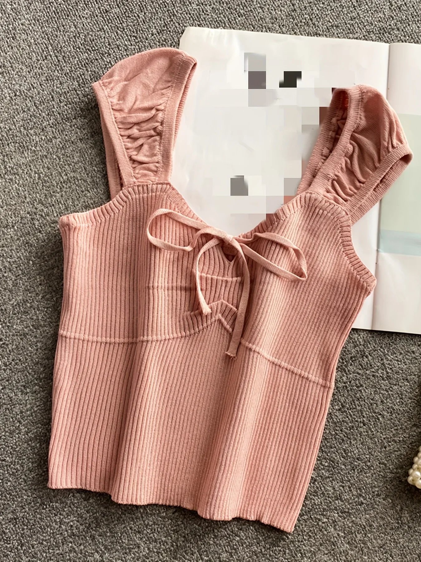Débardeur côtelé noué de couleur unie, débardeur décontracté à col rond pour printemps et été, vêtements pour femmes, haut court en tricot, 2024