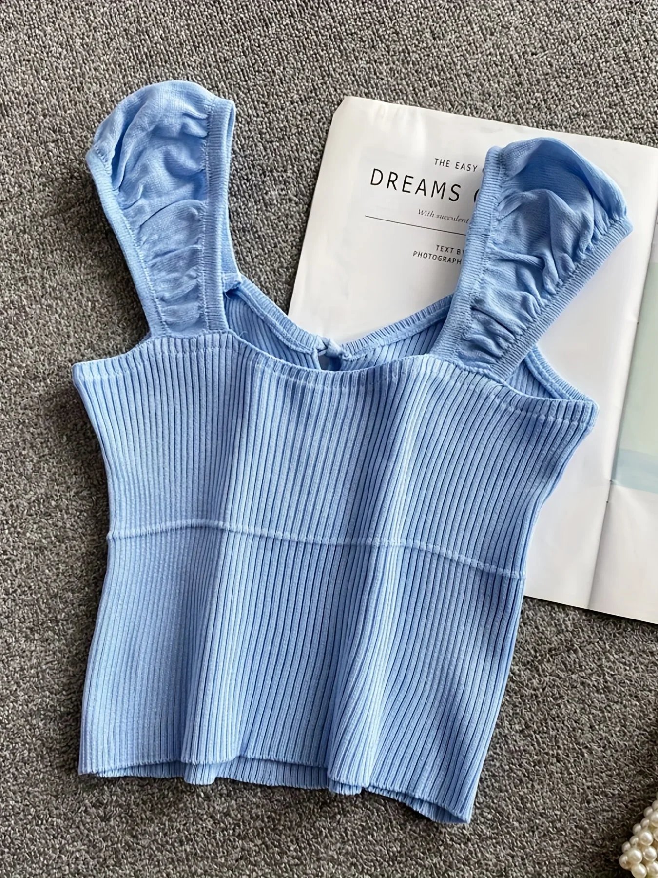 Débardeur côtelé noué de couleur unie, débardeur décontracté à col rond pour printemps et été, vêtements pour femmes, haut court en tricot, 2024