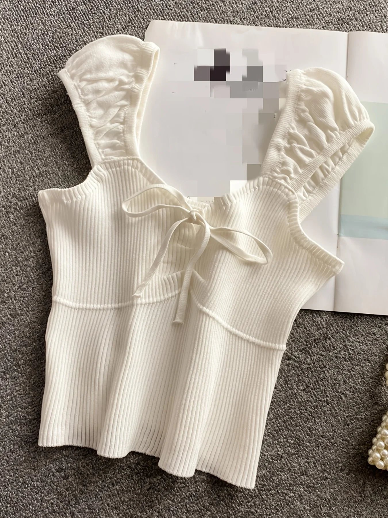 Débardeur côtelé noué de couleur unie, débardeur décontracté à col rond pour printemps et été, vêtements pour femmes, haut court en tricot, 2024