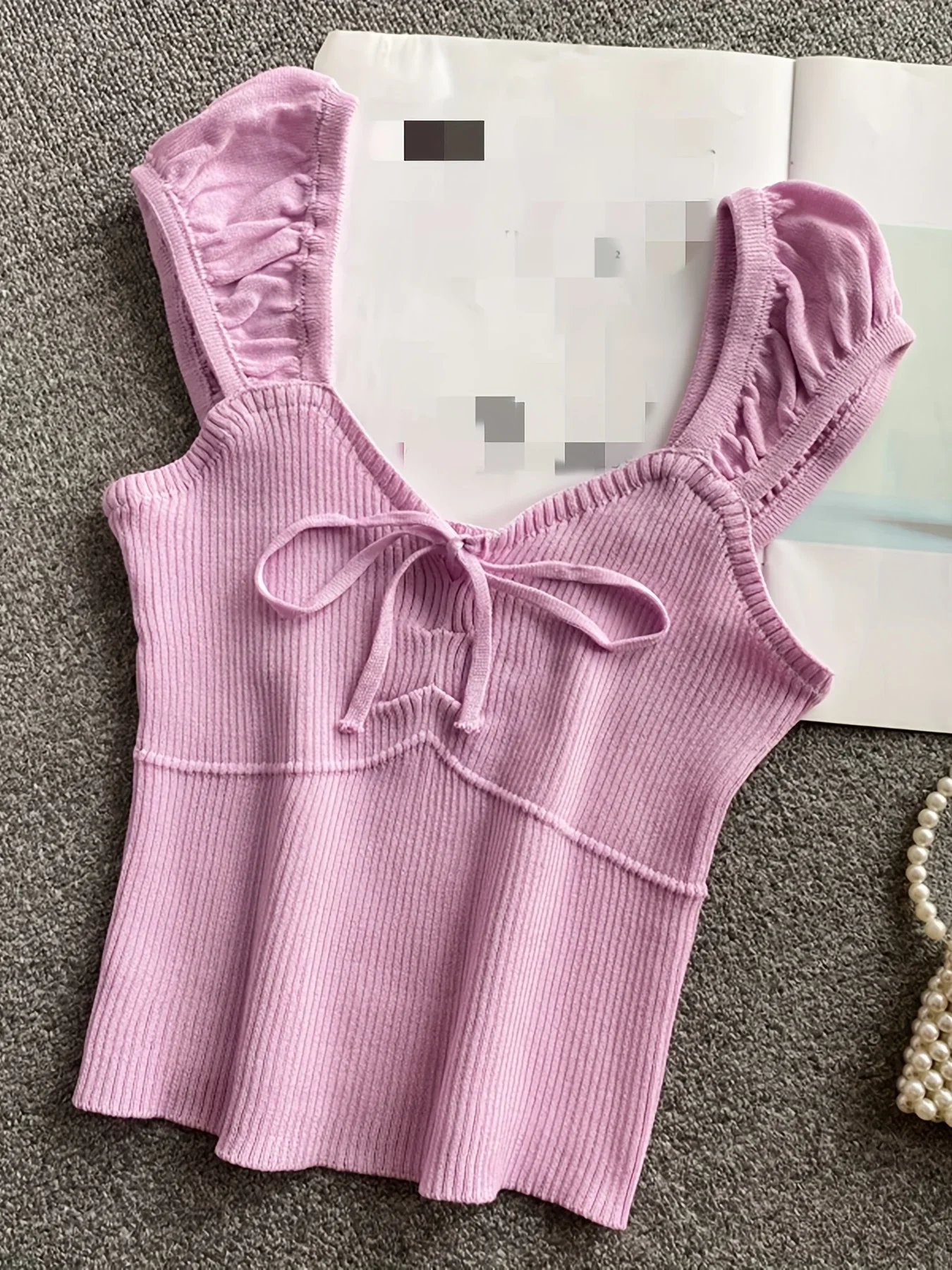 Débardeur côtelé noué de couleur unie, débardeur décontracté à col rond pour printemps et été, vêtements pour femmes, haut court en tricot, 2024