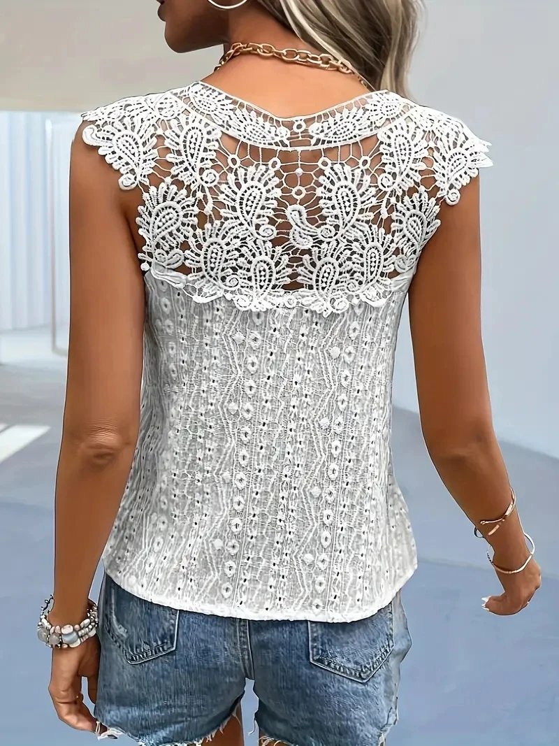 2024 euro-n femmes printemps et été col en v dentelle couleur unie patchwork pull sans manches gilet t-shirt