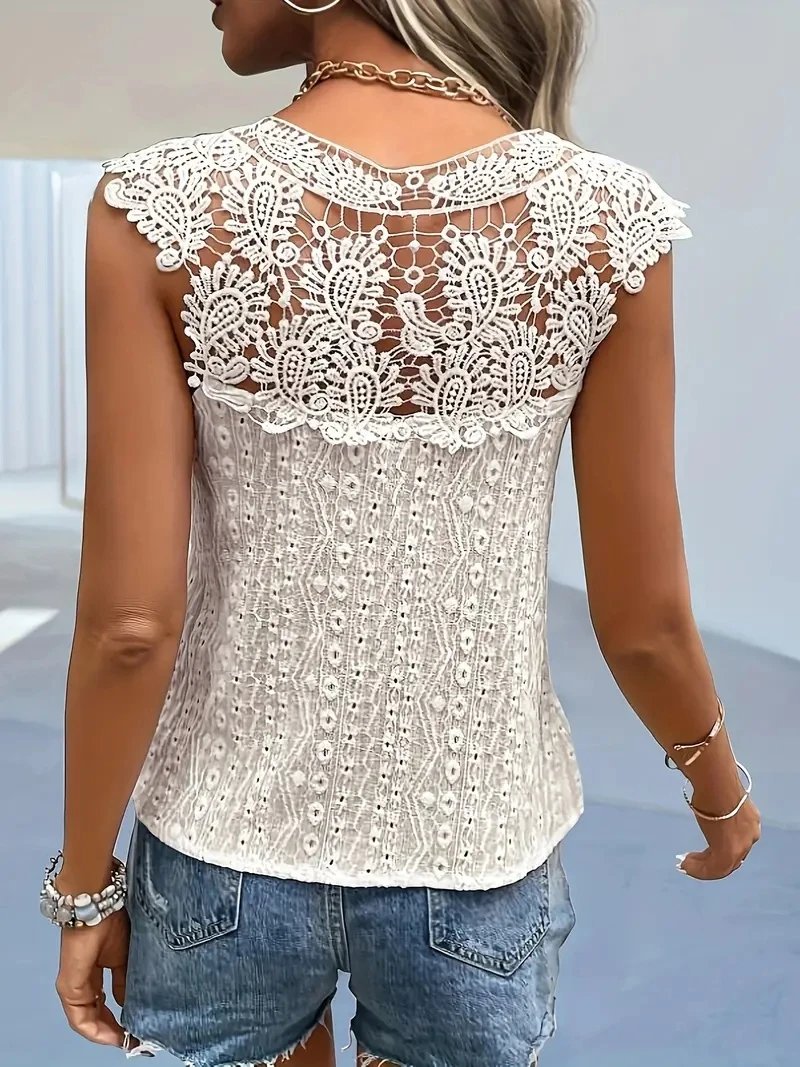 2024 euro-n femmes printemps et été col en v dentelle couleur unie patchwork pull sans manches gilet t-shirt