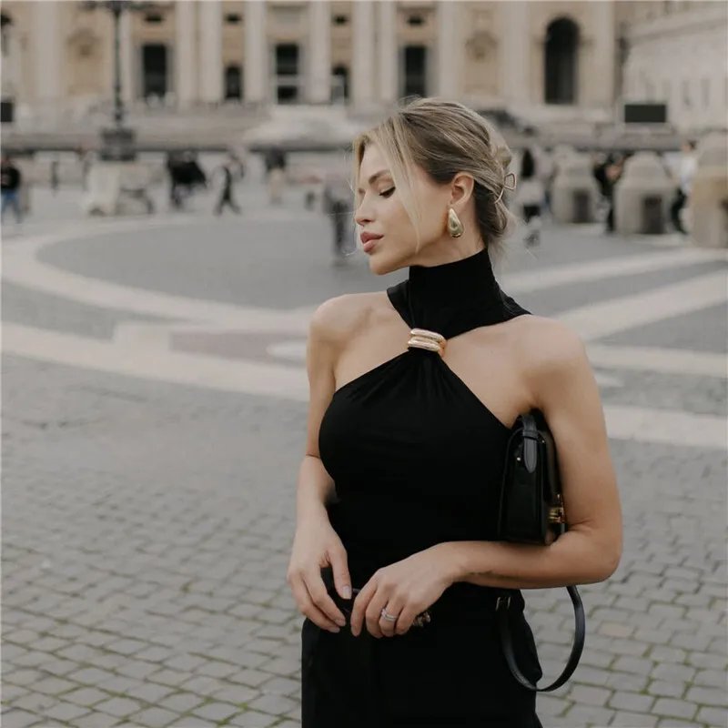 Mozision col roulé basique tricot débardeurs femmes gilet pulls anneau en métal Camisole sans manches maigre tricoté hauts Y2K haut court