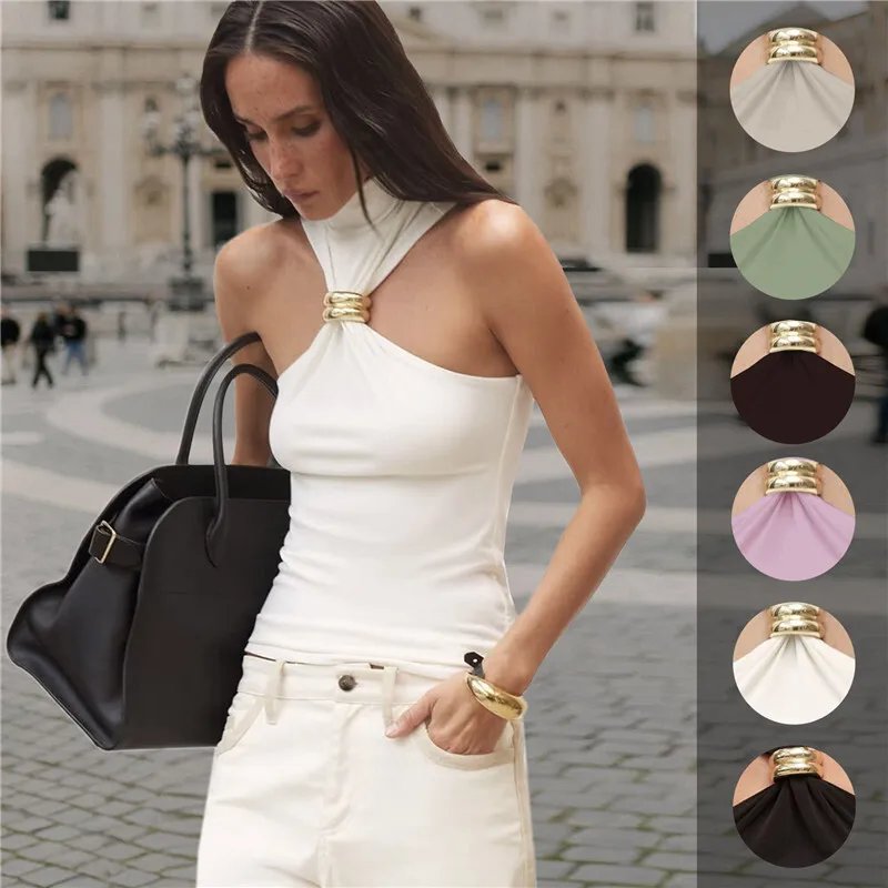 Mozision col roulé basique tricot débardeurs femmes gilet pulls anneau en métal Camisole sans manches maigre tricoté hauts Y2K haut court