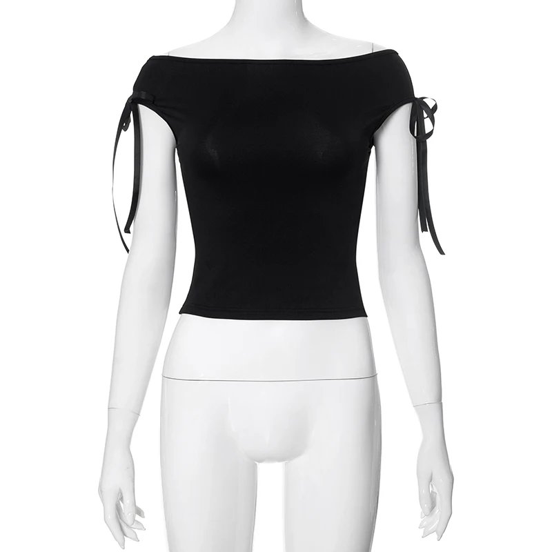 CUTENOVA 2024 été couleur unie Sexy épaules nues hauts à lacets sans manches T-Shirt décontracté mince haut court noir à manches courtes femmes