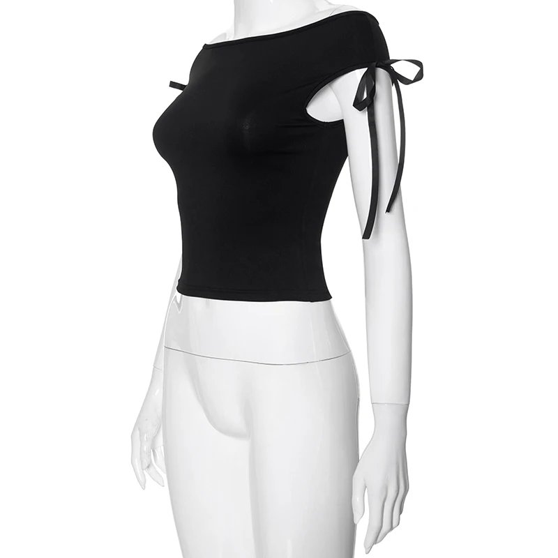 CUTENOVA 2024 été couleur unie Sexy épaules nues hauts à lacets sans manches T-Shirt décontracté mince haut court noir à manches courtes femmes