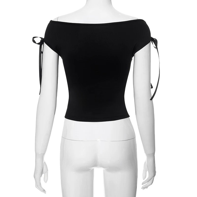 CUTENOVA 2024 été couleur unie Sexy épaules nues hauts à lacets sans manches T-Shirt décontracté mince haut court noir à manches courtes femmes