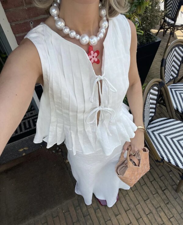 Haut à lacets avec nœud en coton et lin – Image 2