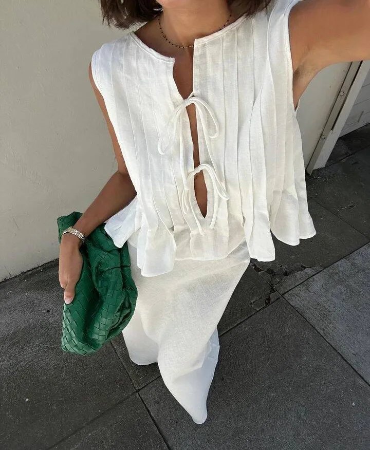 Chemises à lacets avec nœud pour femmes, chemisiers plissés sans manches en coton et lin, ajourés, décontractés, blancs, nouvelle collection été 2024