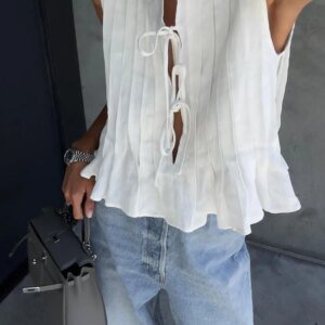 Haut à lacets avec nœud en coton et lin
