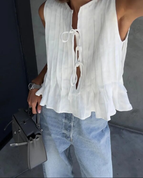 Haut à lacets avec nœud en coton et lin