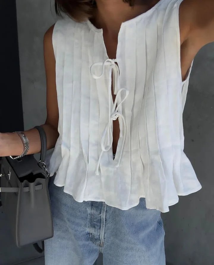 Chemises à lacets avec nœud pour femmes, chemisiers plissés sans manches en coton et lin, ajourés, décontractés, blancs, nouvelle collection été 2024