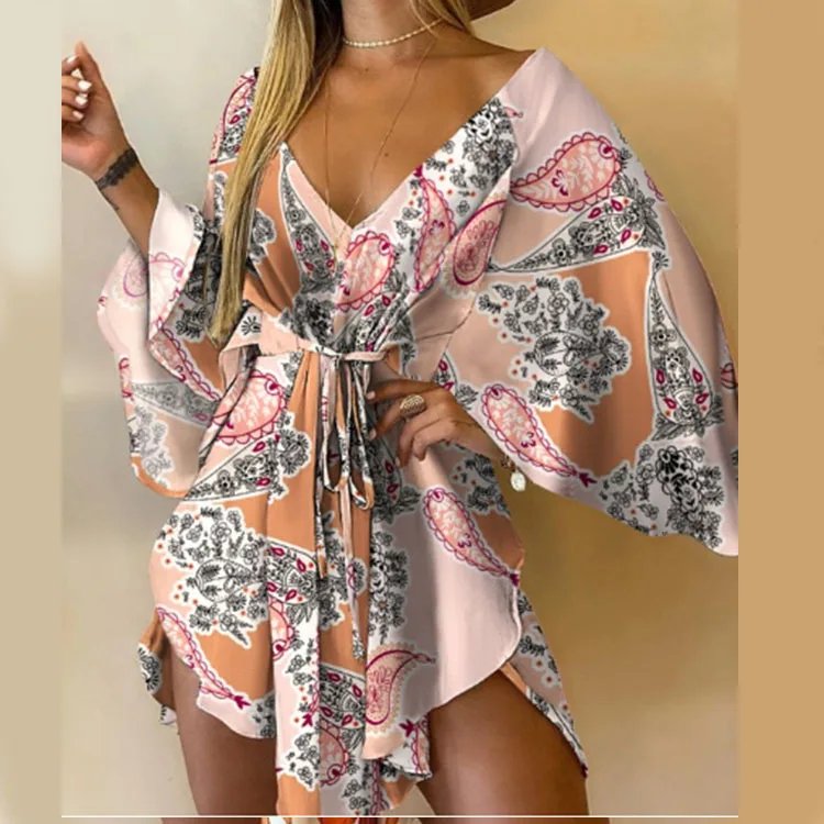 Femmes robe imprimée Sexy col en v manches chauve-souris volants fleurs imprimer bohème plage robe d'été dames en vrac vacances d'été Mini robes