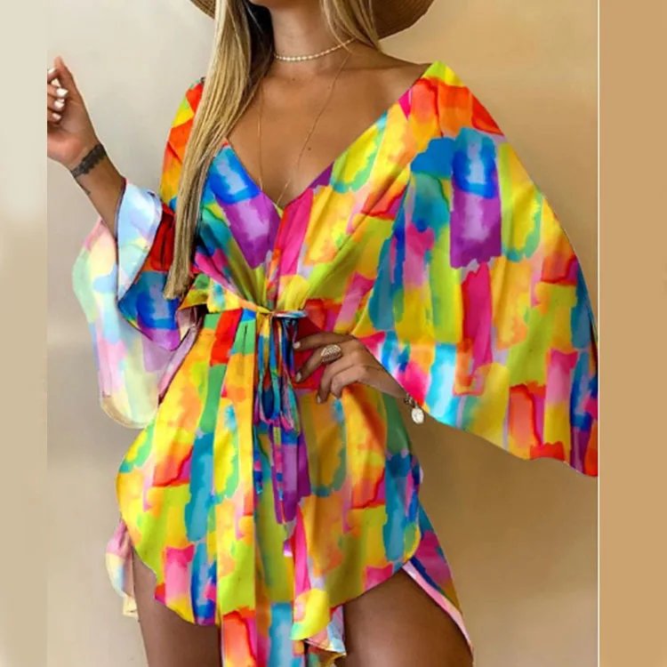 Femmes robe imprimée Sexy col en v manches chauve-souris volants fleurs imprimer bohème plage robe d'été dames en vrac vacances d'été Mini robes