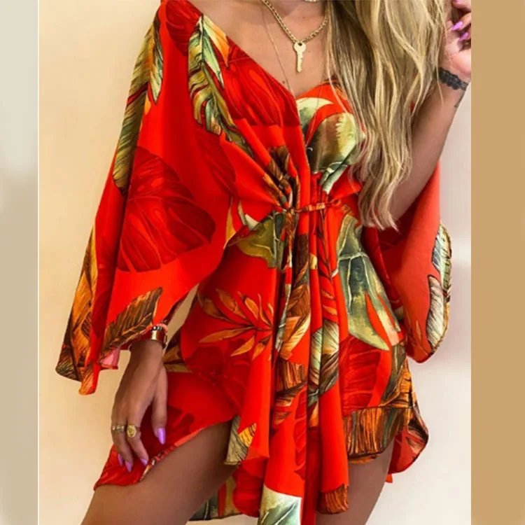 Femmes robe imprimée Sexy col en v manches chauve-souris volants fleurs imprimer bohème plage robe d'été dames en vrac vacances d'été Mini robes