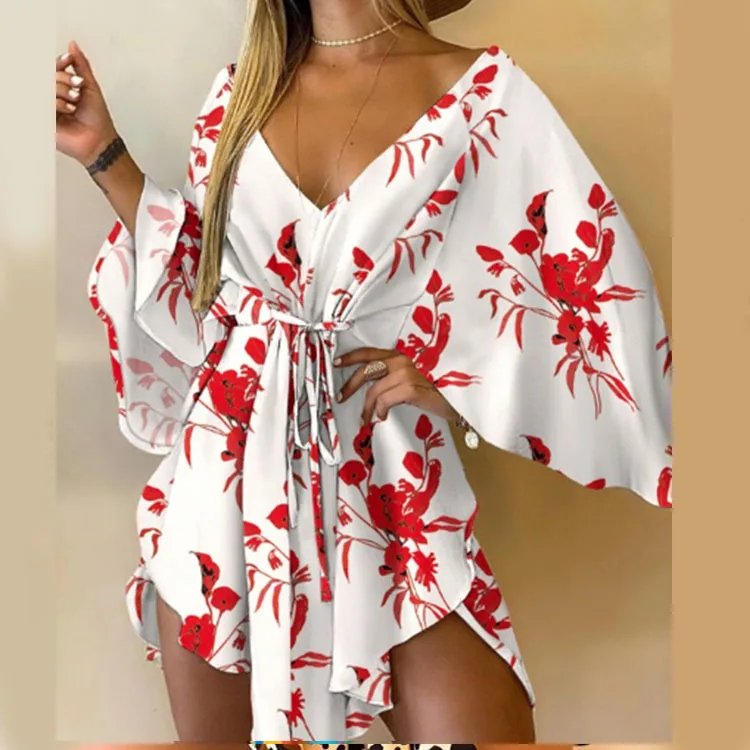 Femmes robe imprimée Sexy col en v manches chauve-souris volants fleurs imprimer bohème plage robe d'été dames en vrac vacances d'été Mini robes