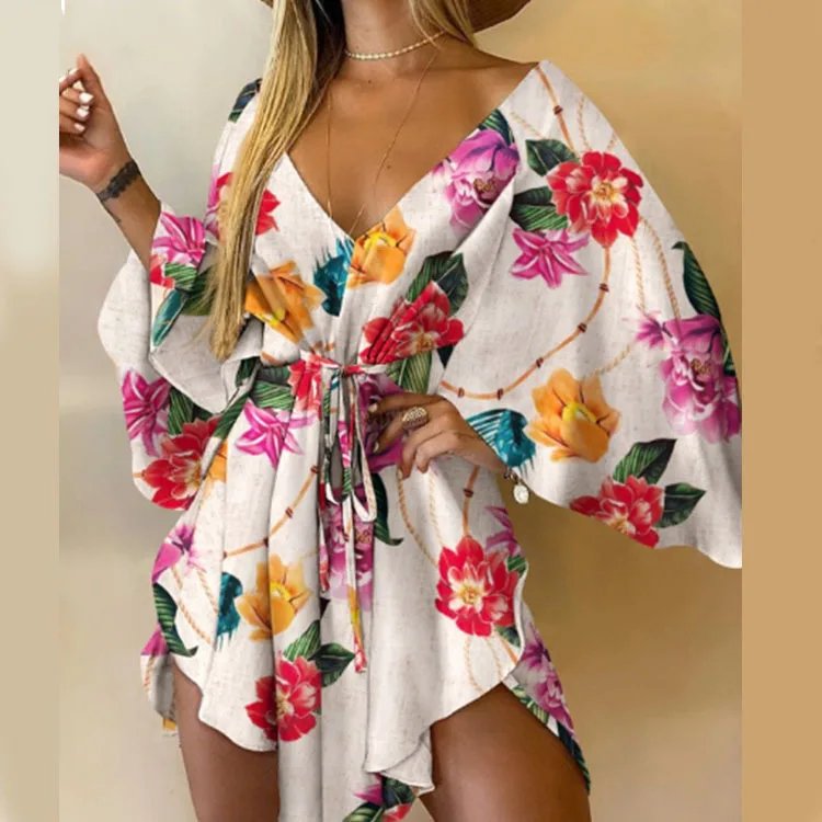 Femmes robe imprimée Sexy col en v manches chauve-souris volants fleurs imprimer bohème plage robe d'été dames en vrac vacances d'été Mini robes