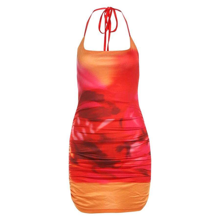 Nibber Spaghetti Strap Sexy Robe Femmes Y2K Dos Nu Pêche Hanche Lace Up Moulante Gradient Imprimer D'été Plage Vacances Clubwear