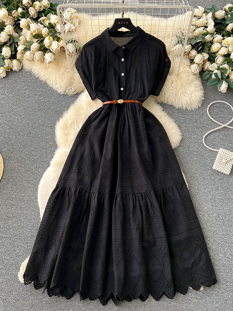 Robe d'été longue à lacets pour femmes, ample, boutonnage, avec ceinture, col chemise plissée et Patchwork, D4072