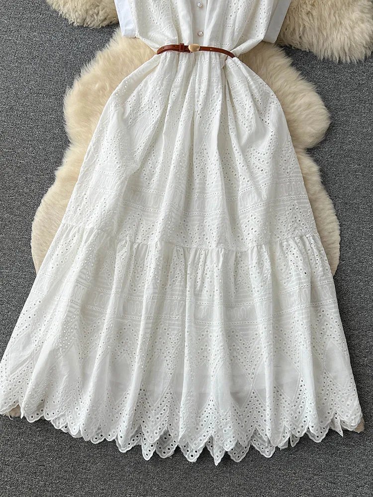 Robe d'été longue à lacets pour femmes, ample, boutonnage, avec ceinture, col chemise plissée et Patchwork, D4072