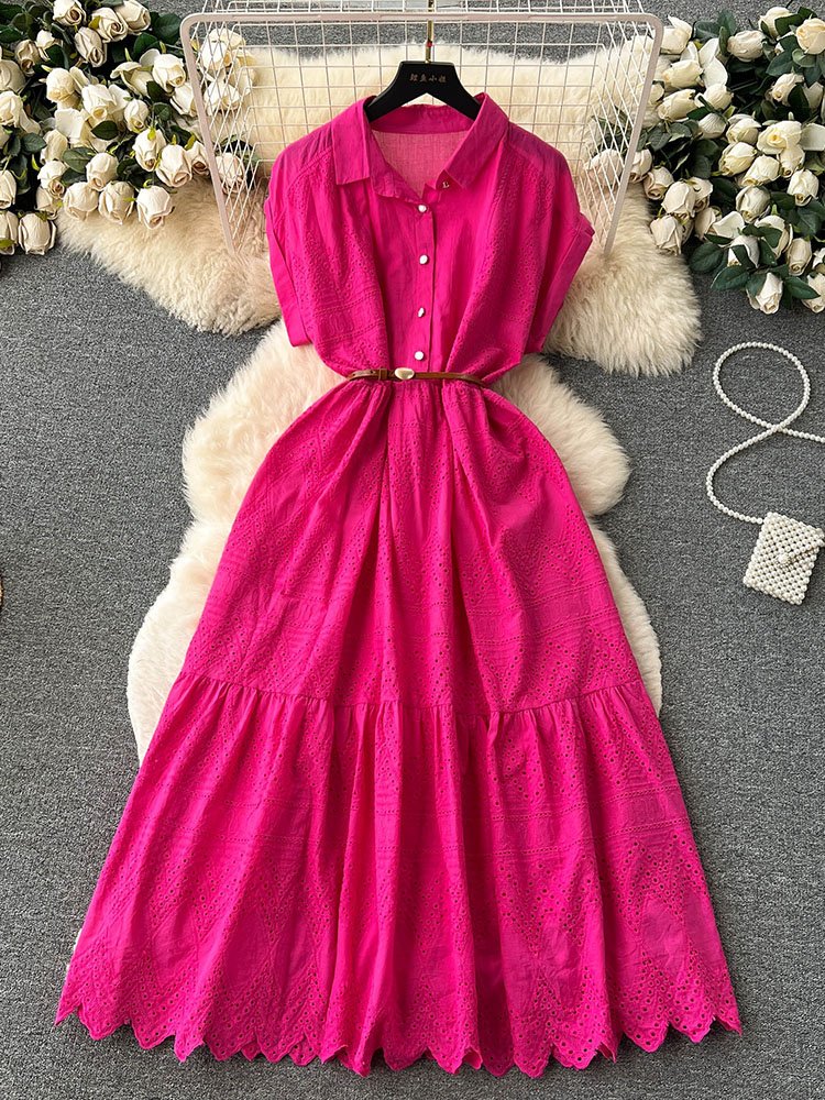 Robe d'été longue à lacets pour femmes, ample, boutonnage, avec ceinture, col chemise plissée et Patchwork, D4072