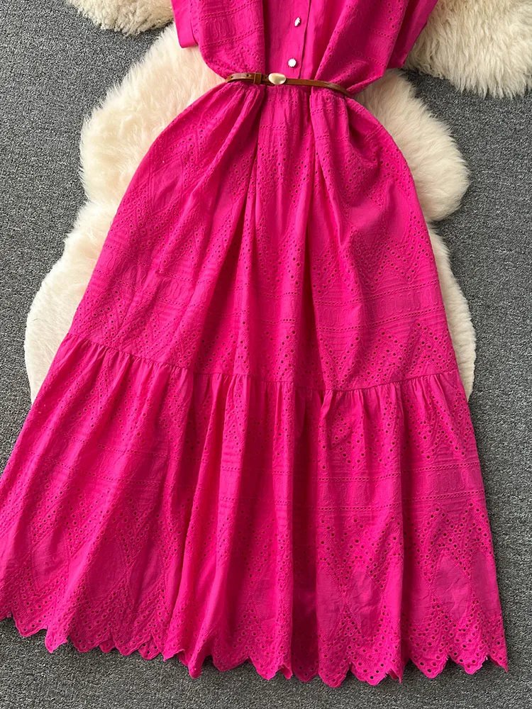 Robe d'été longue à lacets pour femmes, ample, boutonnage, avec ceinture, col chemise plissée et Patchwork, D4072