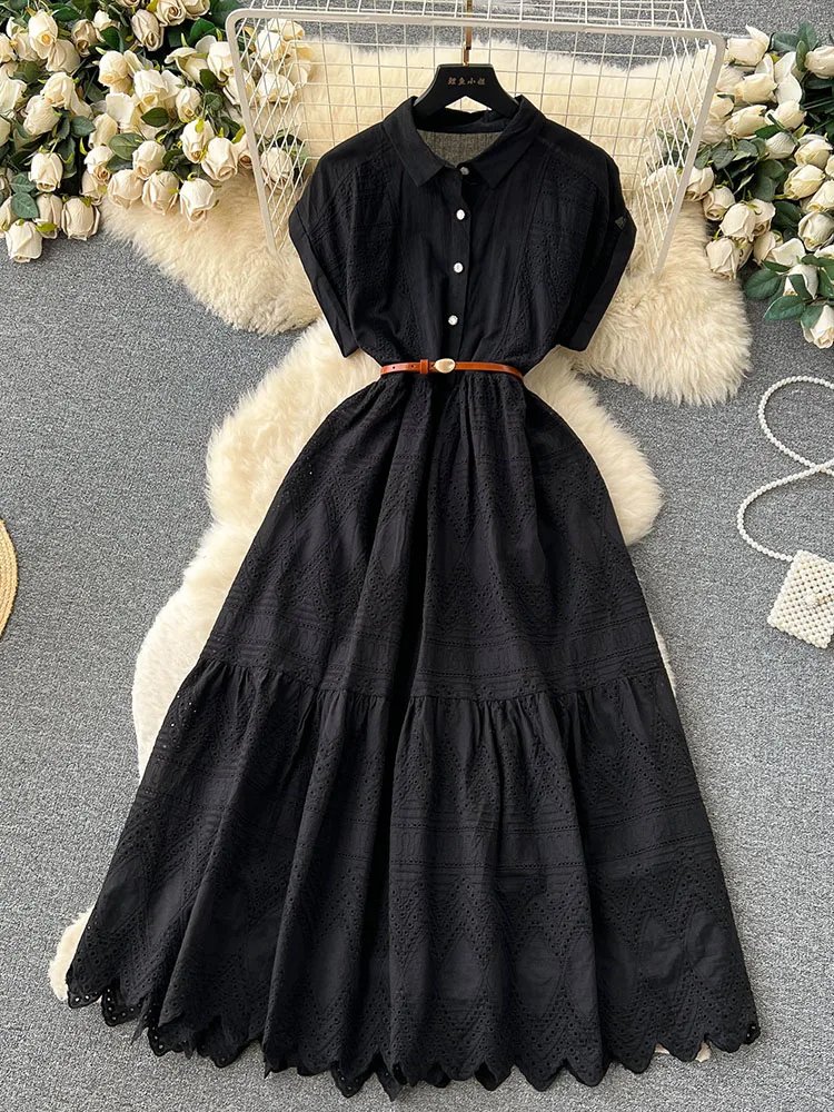 Robe d'été longue à lacets pour femmes, ample, boutonnage, avec ceinture, col chemise plissée et Patchwork, D4072