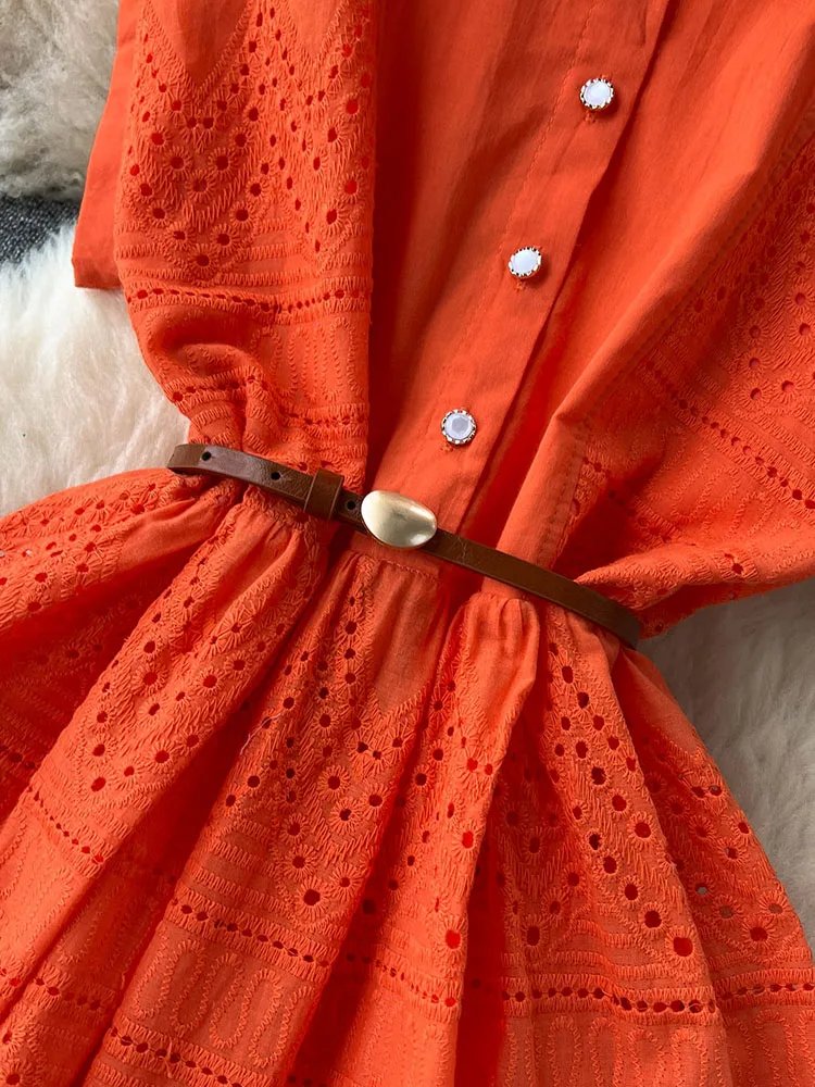 Robe d'été longue à lacets pour femmes, ample, boutonnage, avec ceinture, col chemise plissée et Patchwork, D4072