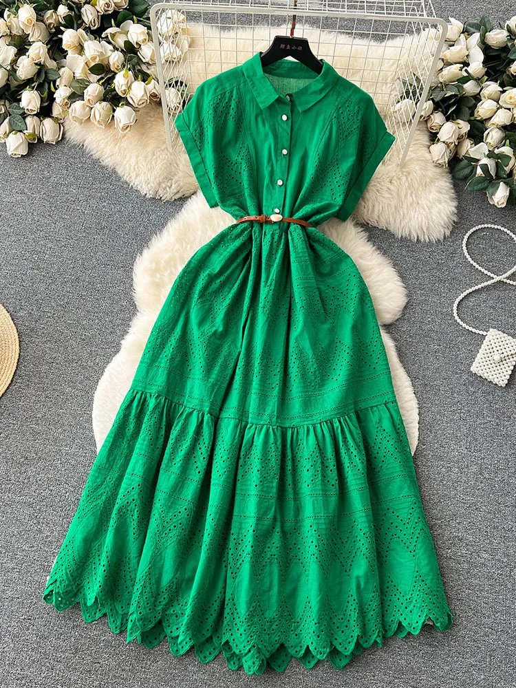 Robe d'été longue à lacets pour femmes, ample, boutonnage, avec ceinture, col chemise plissée et Patchwork, D4072