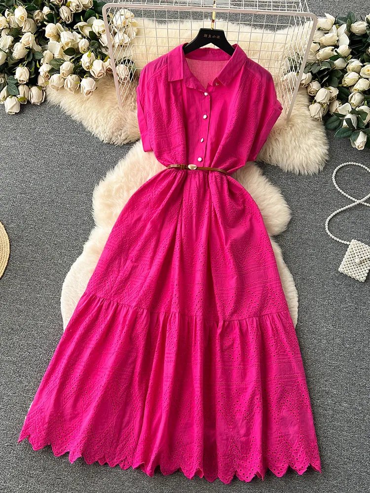 Robe d'été longue à lacets pour femmes, ample, boutonnage, avec ceinture, col chemise plissée et Patchwork, D4072