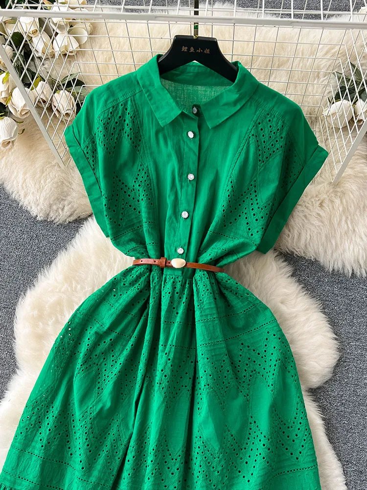 Robe d'été longue à lacets pour femmes, ample, boutonnage, avec ceinture, col chemise plissée et Patchwork, D4072