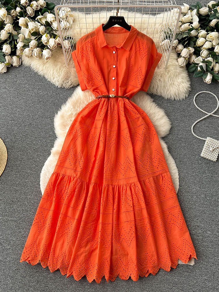 Robe d'été longue à lacets pour femmes, ample, boutonnage, avec ceinture, col chemise plissée et Patchwork, D4072