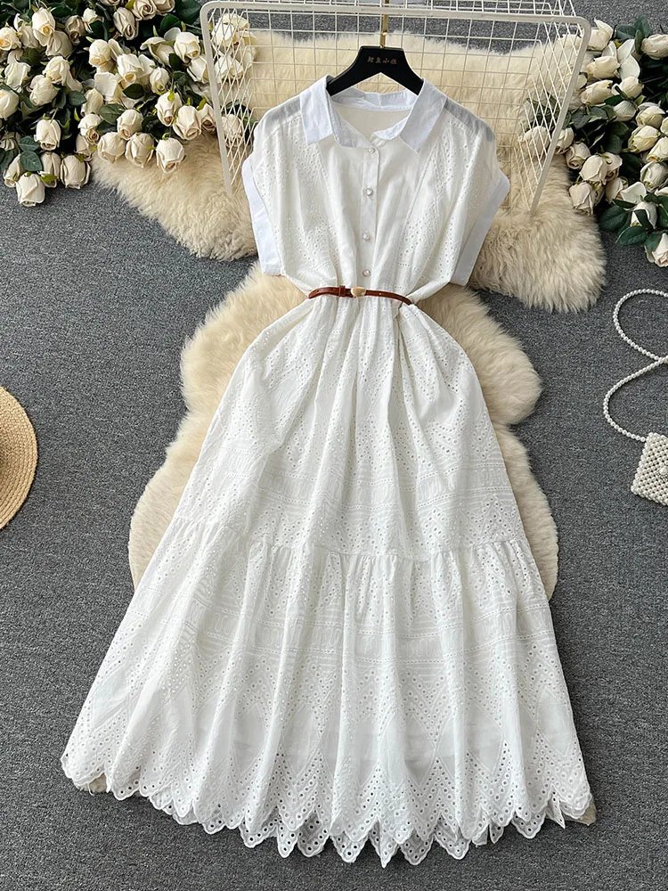 Robe d'été longue à lacets pour femmes, ample, boutonnage, avec ceinture, col chemise plissée et Patchwork, D4072